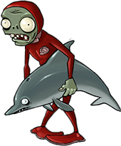 a zombie in a maroon wetsuit holding a zombie dolphin