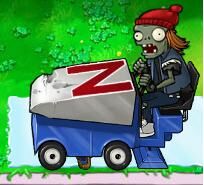 A large zombie riding an ice vehicle